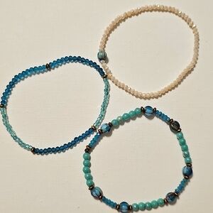 Set of 3 aqua , teal, cream seeded bracelets